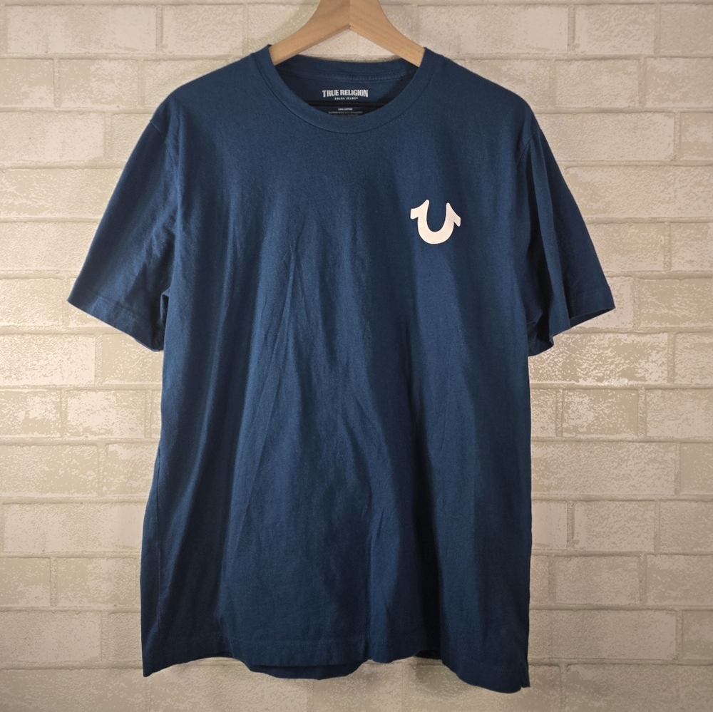 Vintage Y2K 2002 True Religion Buddha Guitar Men's XL T-shirt Blue EUC